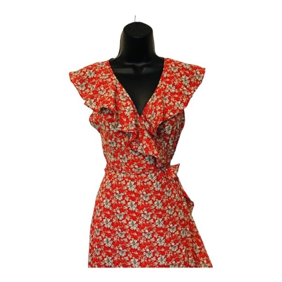 Max Studio Orange floral‎ ruffle bishop collar full wrap maxi dress size Small - Picture 5 of 13